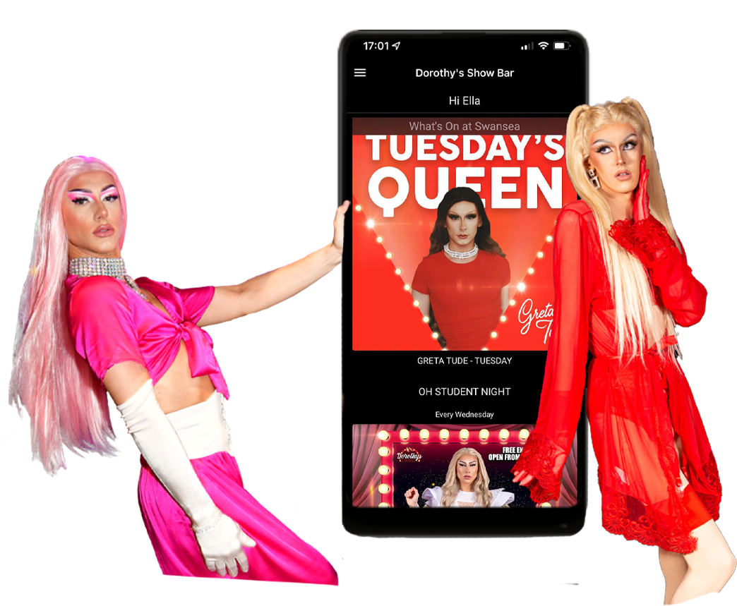 Drag Queens standing nearby eachother holding a phone to advertise Dorothys Showbar Table Service application.